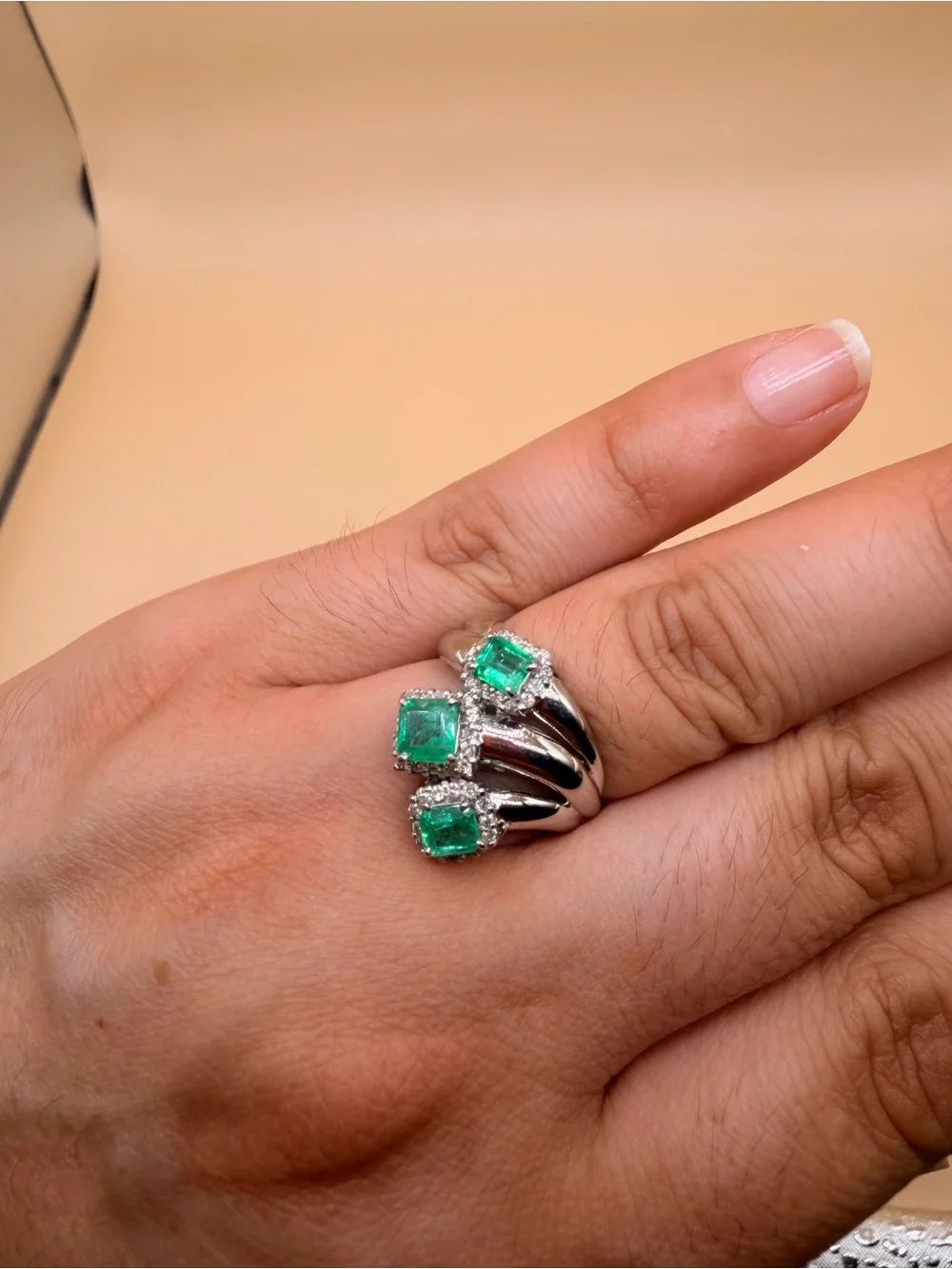 Vintage Platinum 900 Diamond & Colombian Emerald Ring Size 7.
